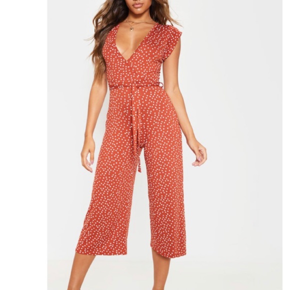 PrettyLittleThing Pants - PRETTYLITTLETHING Terracotta Polka Dot Wrap Culotte Jumpsuit SIZE 8